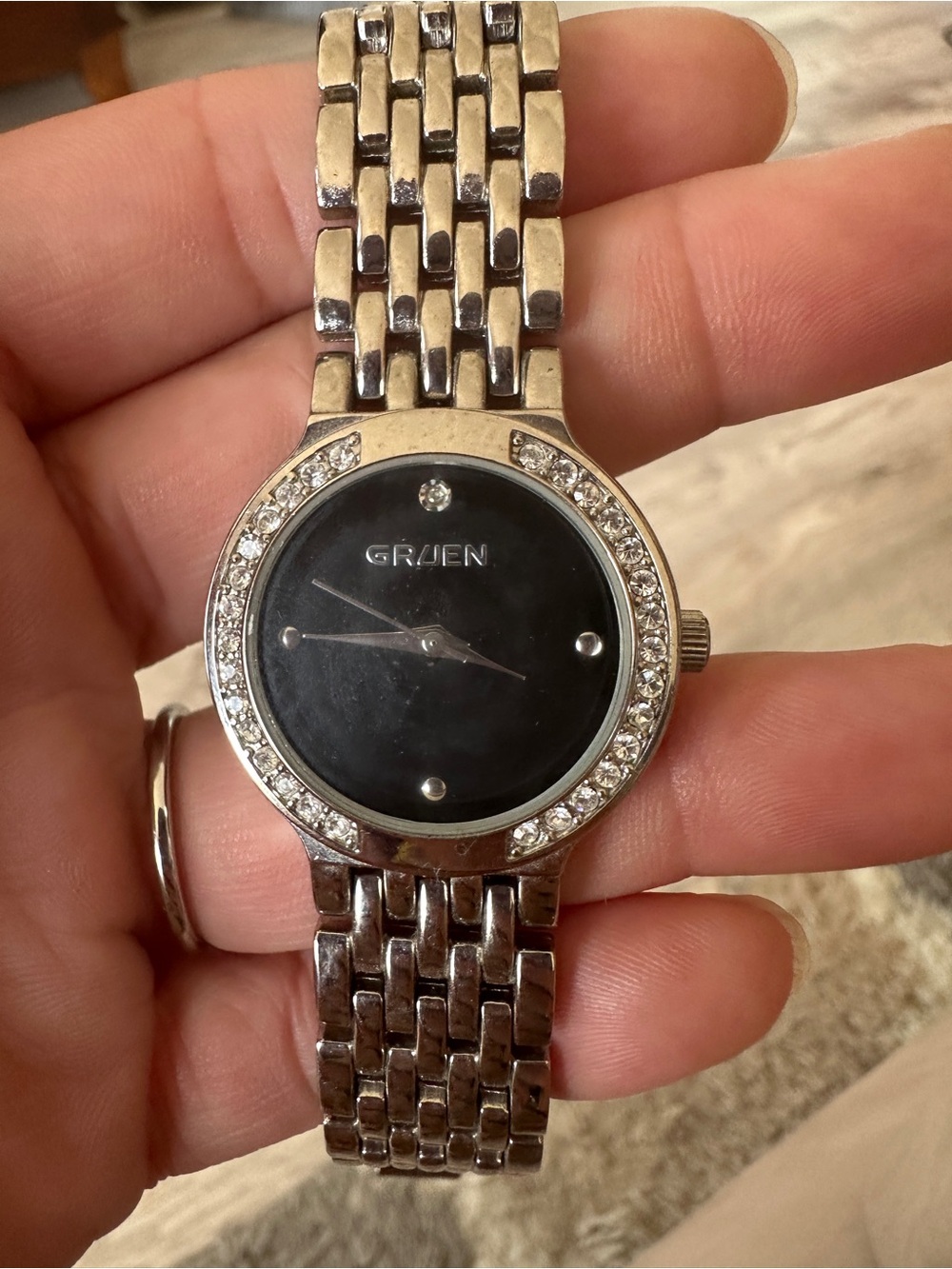 Gruen Women's Silver-Tone Black Dial Crystal Accent Bracelet Watch